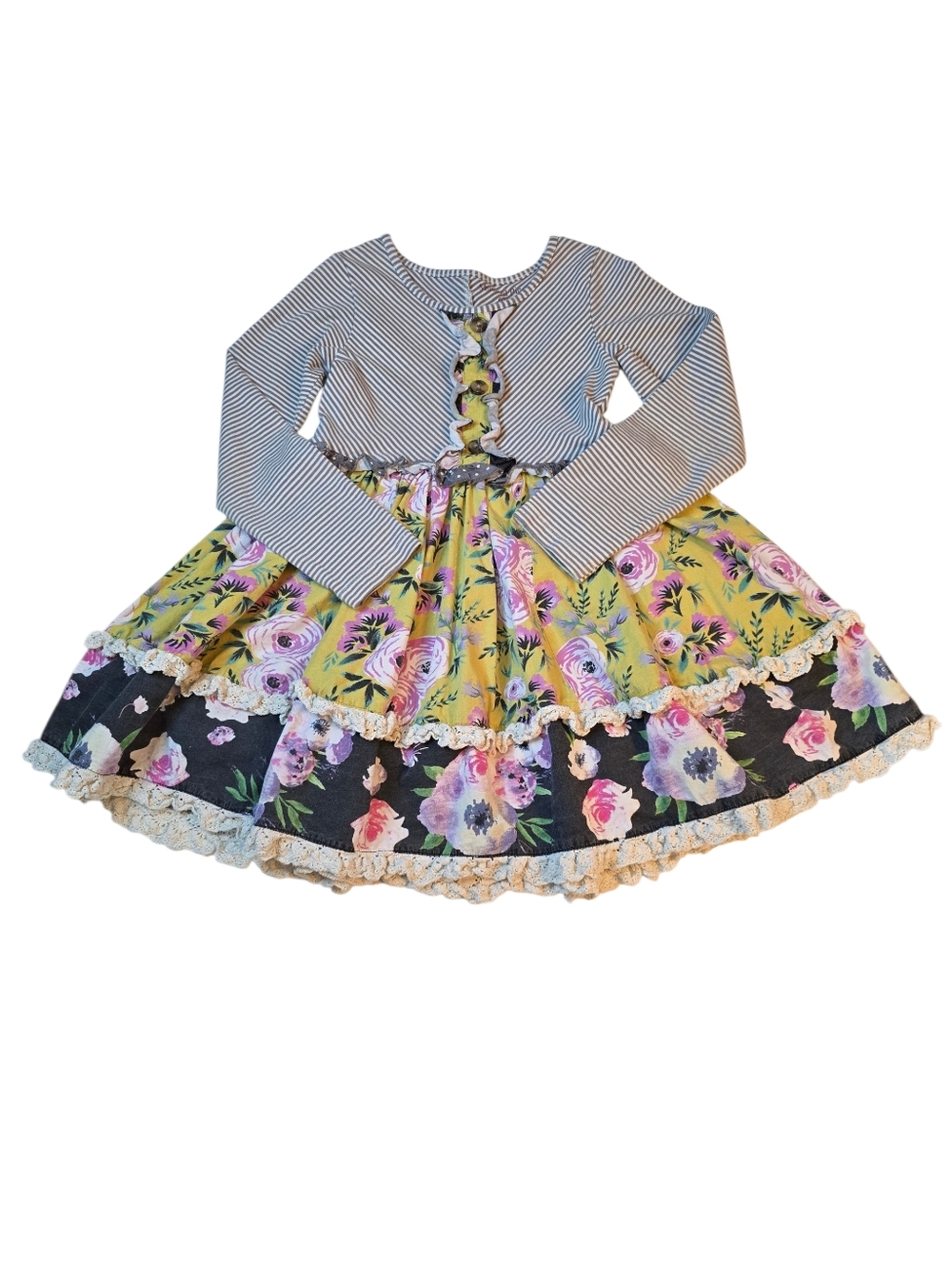 Mustard Pie Striped and Floral Ruffle Hem Girls' Dress